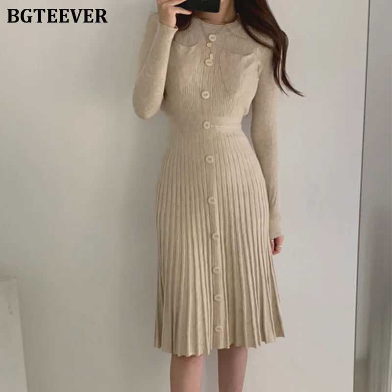 BGTEEVER винтажные однобортные женские вязаные платья с круглым вырезом