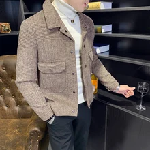 Осенняя и зимняя новая мужская куртка новая Корейская версия трендовой клетчатой шерстяной куртки с отворотом Короткая секция