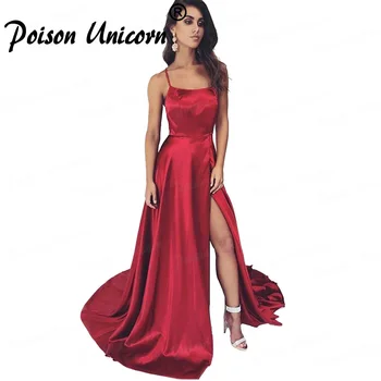 

New Sexy Elegant Straps Spaghetti Prom Dresses A Line Satin High Split Formal Evening Party Gowns Cheap Prom Wear