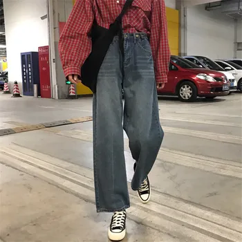 

Women Spring And Autumn Fashion Brand Korea Style Vintage Denim Straight Jeans Female Casual Loose Wide Leg Pants Trousers Jeans