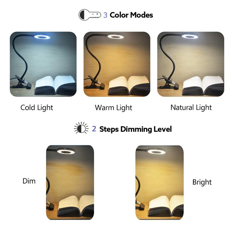 TOP Book Reading Light In Bed- Clip On Lamp With 3 Brightness, Great For Bedside, Makeup Mirror, Headboard, Office, Desk, Dorm