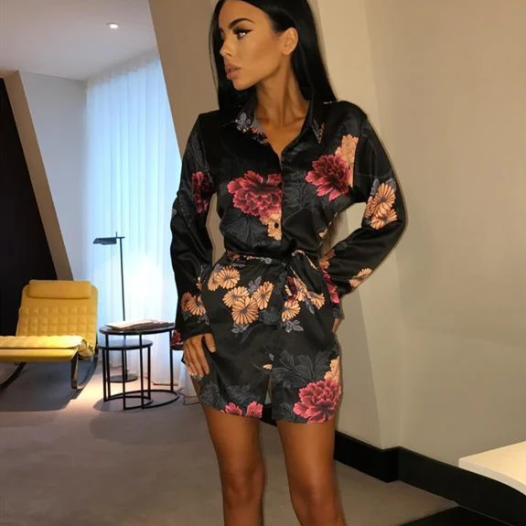 Sexy Women Silk Satin Shirt Dress 