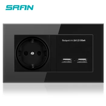 

SRAN 2gang wall power socket and dual usb 5V2.1A Crystal tempered glass panel 146mm* 86mm white/black/gold socket with usb
