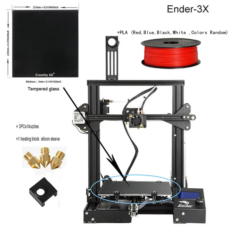 Новые Ender-3/Ender-3pro DIY Kit Creality 3D подарочные насадки+ нагревательный блок силиконовый рукав+ PLA 220*220*250 мм размер печати - Цвет: Ender3X 3nos SC PLA