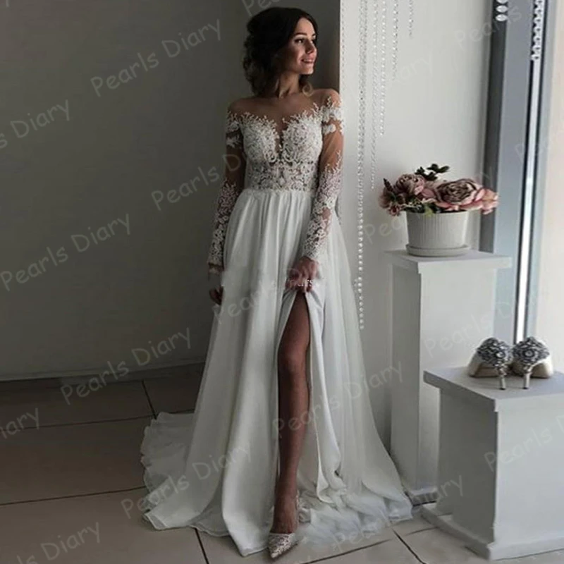 Long-Sleeves-Boho-Wedding-Dresses-Sheer-Neck-Appliques-Chiffon-Side-Slit-Bridal-Dresses-Sexy-Beach-Bohemian (2)