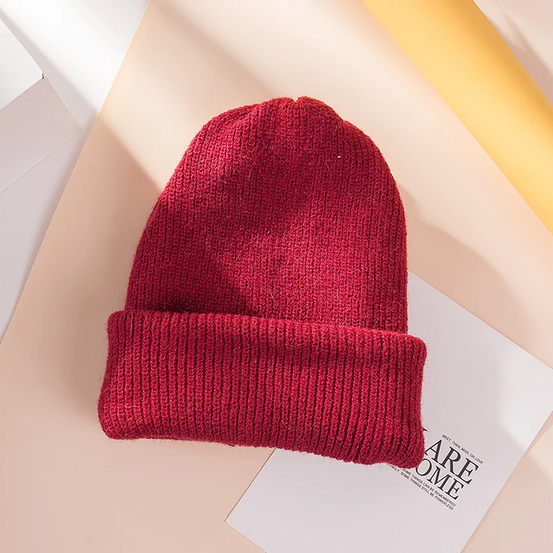 WineRed H3559 женская теплая шапка бини, Женская Осенняя зимняя Корейская Толстая вязаная шапка Skullies, одноцветная модная Милая шапка для покупок - Цвет: WineRed
