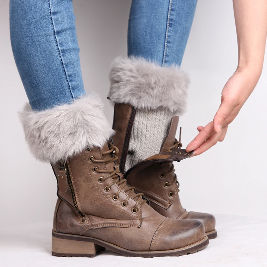 1 Pair Women’s Fuzzy Fluffy Knit Boots Cuff Sleeves Fur Trim Toppers Autumn Winter Leg Warmer elastic band  firmly wrapping leg