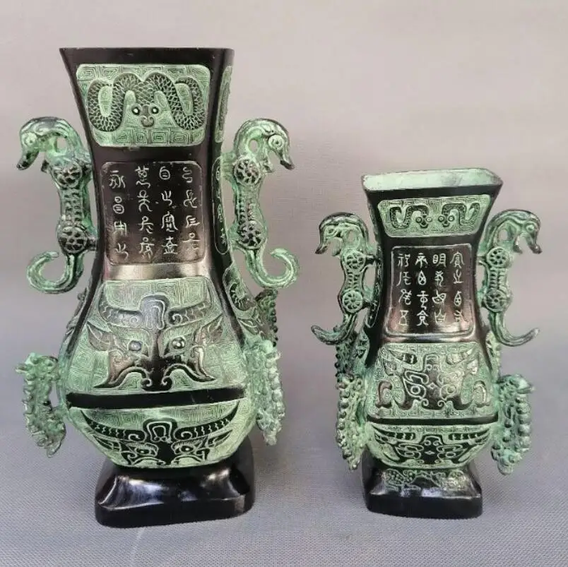 

China bronze double dragon vase crafts statue
