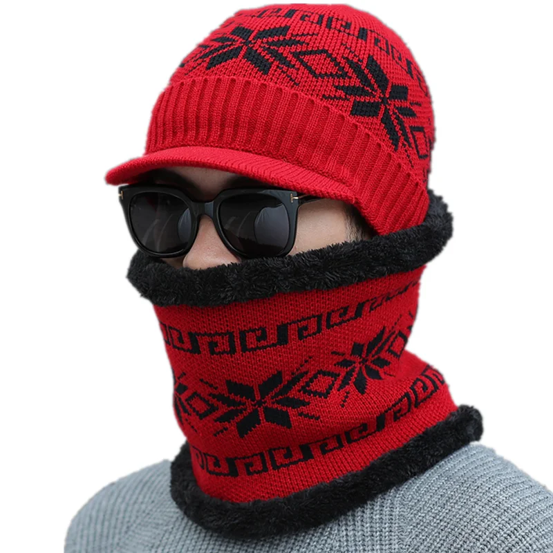 Red 2pcs / комплект шапка С забралом мода Снежный дизайн шапка мужская и шапка женская зимняя вязание шапки для мужские женские теплый толстый плюс футеровка акрил шапка - Цвет: Red