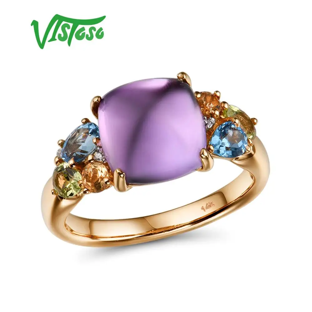 

VISTOSO Genuine 14K 585 Rose Gold Sparkling Diamond Fancy Citrine Amethyst Peridot Blue Topaz Lady Ring Anniversary Fine Jewelry