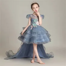 Детское модное платье с v-образным вырезом и аппликацией в виде цветов; платье с длинным хвостом для выступлений; детское вечернее платье для дня рождения