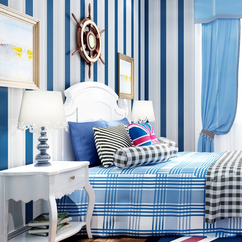 

Mediterranean Style Self-Adhesive Wallpaper Nonwoven Fabric Bedroom Living Room CHILDREN'S Room Modern Minimalist Vertical Strip
