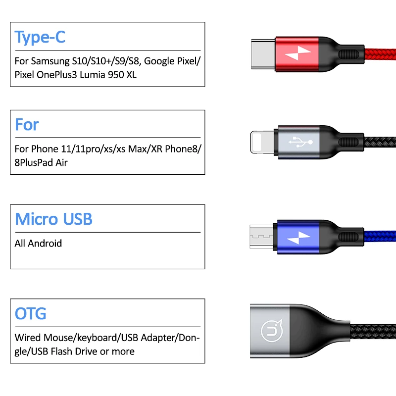 USAMS USB кабель OTG для iPhone 8, 7, 6X3 в 1, зарядное устройство, кабель Micro USB type C для huawei, samsung S9, S8, USB C, синхронизация
