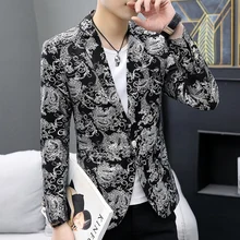 Азиатский размер, новинка, корейский стиль, приталенный Повседневный Блейзер, цветочный принт, для вечеринки, выпускного, ночного клуба, для молодых мужчин, куртки, золотой, серебряный, M-XXXL
