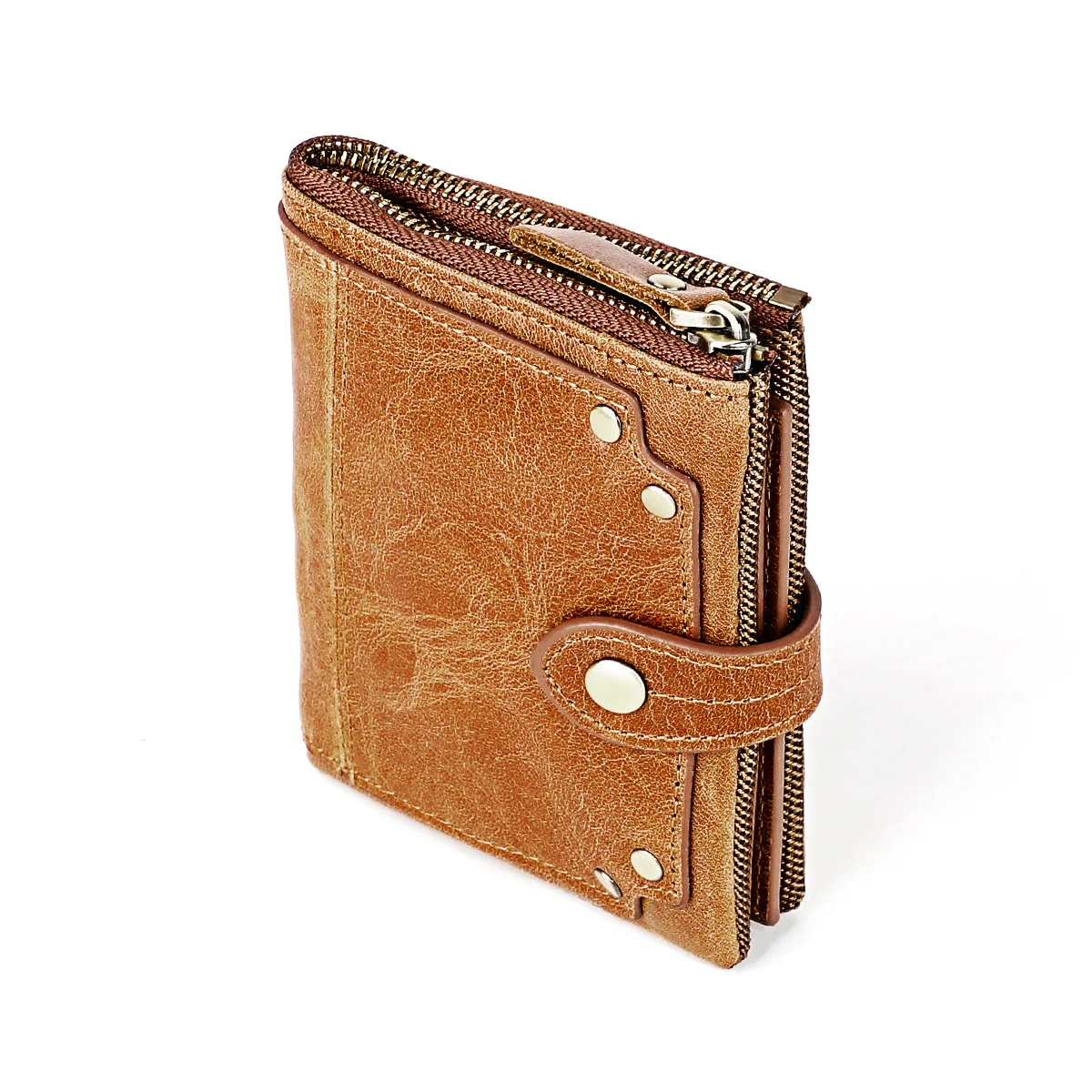 YICHENG RFID luxury Vintage brush Short Genuine Leather wallet men's zipper retro short wallet crazy horse Solid purse - Цвет: Brown