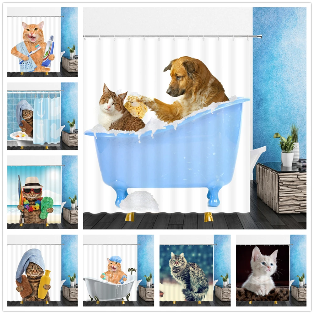 

Funny Animal Shower Curtains Cat Dog Cute Pet Kitty Pattern Print Kids Bathroom Decor Polyester Cloth Bath Curtain Set With Hook