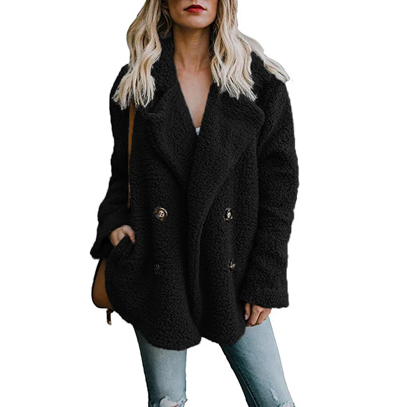 Высококачественное плюшевое пальто для женщин, элегантное Толстое Зимнее плюшевое пальто, искусственный пушистый флис, двойной карман, искусственный мех, плюшевая куртка для женщин - Цвет: black