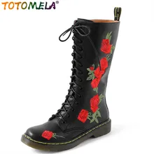 TOTOMELA/Большие размеры 34-43; новые ботинки из натуральной кожи с вышивкой; женские ботинки до середины икры на шнуровке с круглым носком; женская повседневная обувь