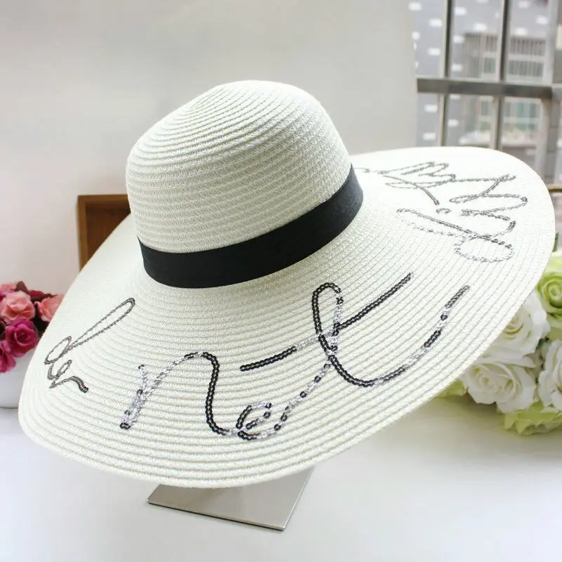 Summer Large Brim Sun Hats for Women Fashion Sequins Letter Do Not Disturb Embroidery Folded Floppy Hat Bohemia Beach Cap