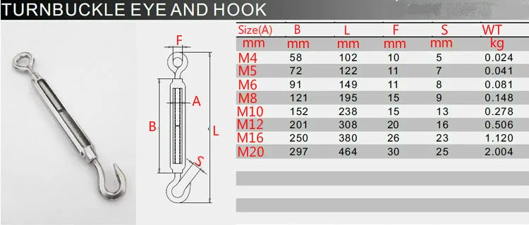 304 Нержавеющая сталь M4 M5 M6 M8 M10 M12 крюк и глаз фаркоп трос напряжения регулировочный цепи такелажная 10/4/2 шт