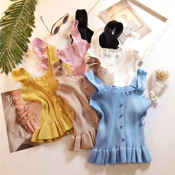 

Misswim Sexy knitted tank tops female Elegant Button basic ruffled crop top women spaghetti strap underwear Summer tops for 2020