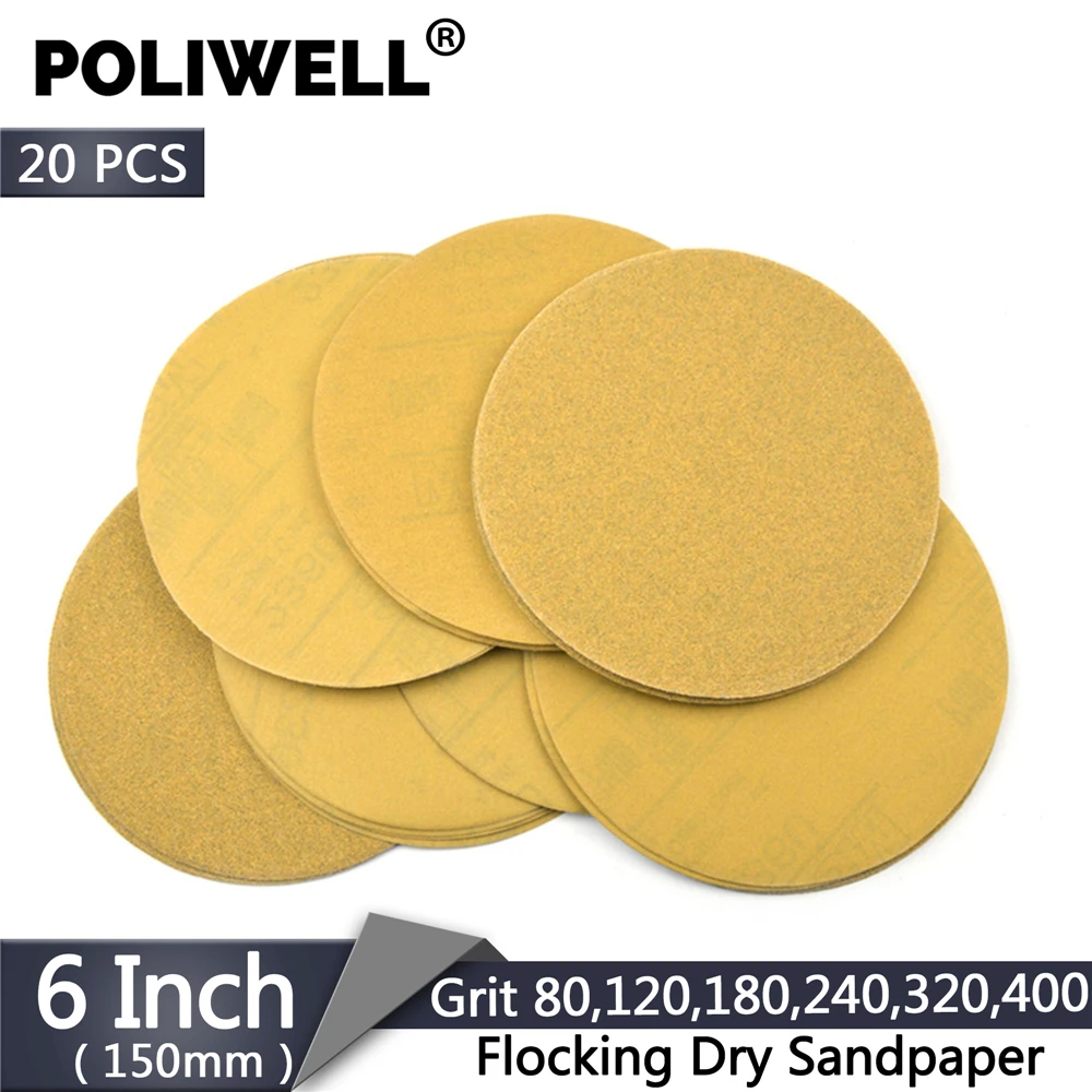 

POLIWELL 20 шт 6 дюймов 150 мм сухие шлифовальные диски Флокирование наждачная бумага 80-400 зернистость для крюк и петля шлифовальная площадка дерево металл полировка