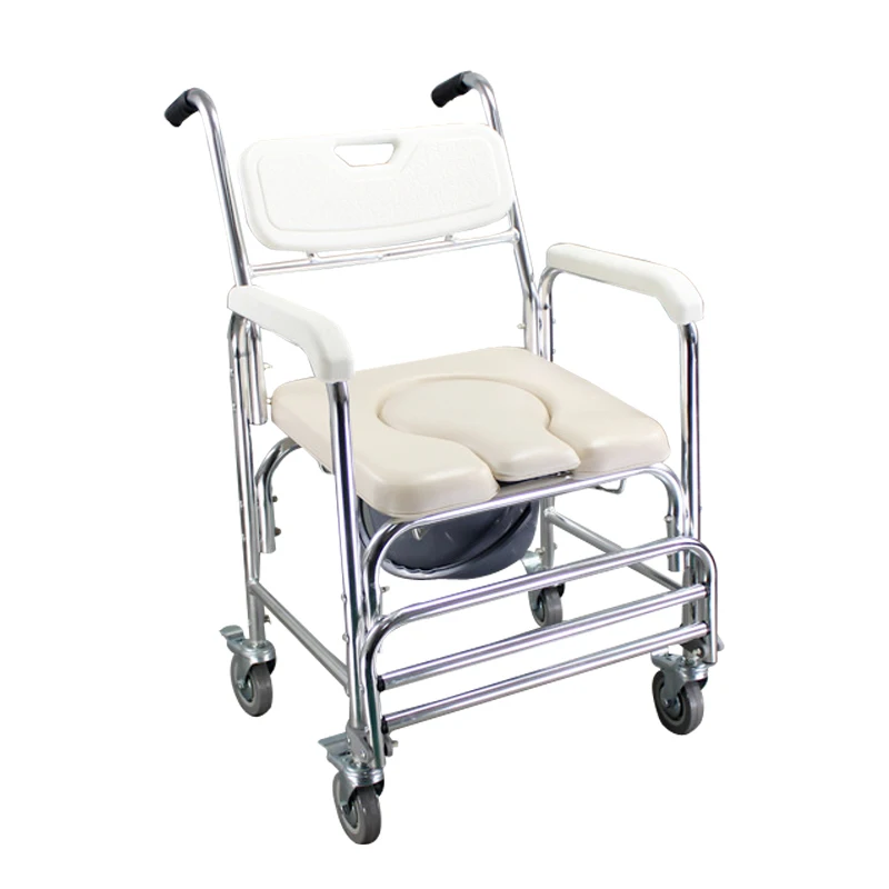 3 in 1 Aluminum Alloy 4-Wheel Brake Bath Chair Toilet Commode Wheelchair for Elderly Pregnant Disabled People Bedpan Foot Pedal