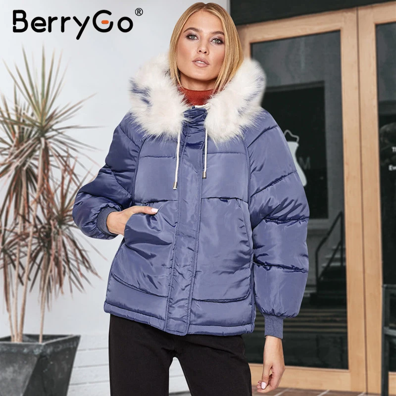 BerryGo, Повседневная Женская парка с меховым воротником и капюшоном, Осень-зима, Толстая Женская Теплая стеганая куртка, модная женская куртка на молнии, большие размеры