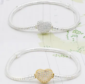 

Mingshang DIY bracelet 3mm chain silver plated snake chain love buckle with AAA zircon high density chains chain for charm beads