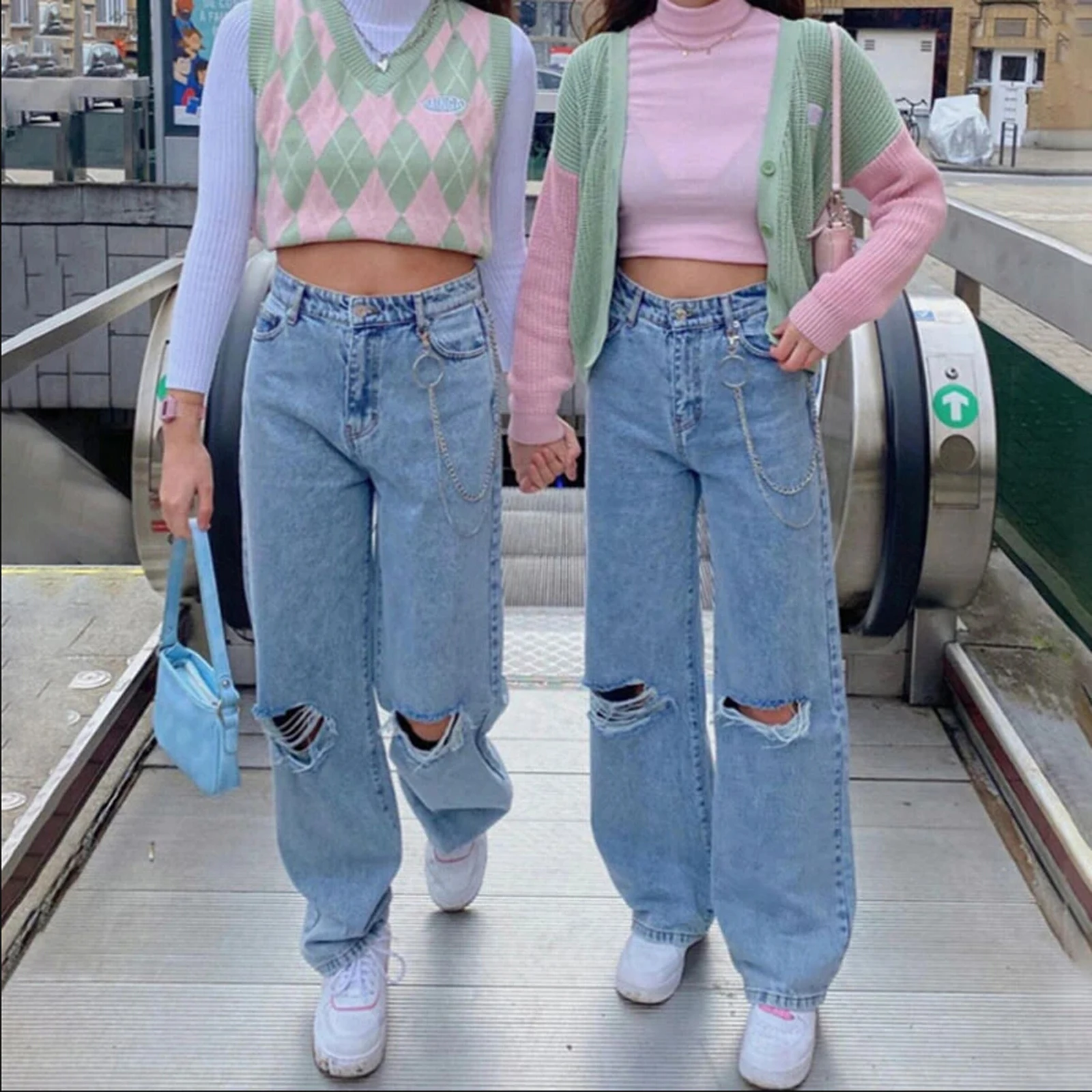 DEWADBOW alta cintura de las mujeres, pantalones Denim Botón de cintura alta con bolsillo cadenas para Jeans sueltos destruido agujero mamá Vintage Pantalones Slim