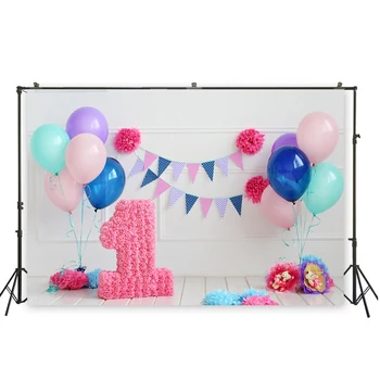 

HuaYi art fabric photography colorful baloons decoration white printed backdrops baby first year birthday photoshoot XT-6534