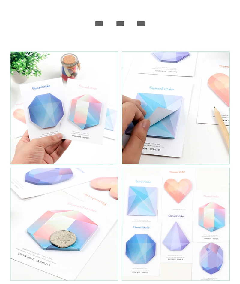 Kawaii Memo Pad Cute Geometric Diamond Love Self-Adhesive Sticky Notes Notepad School Stationery Supplies Diary Planner Stickers
