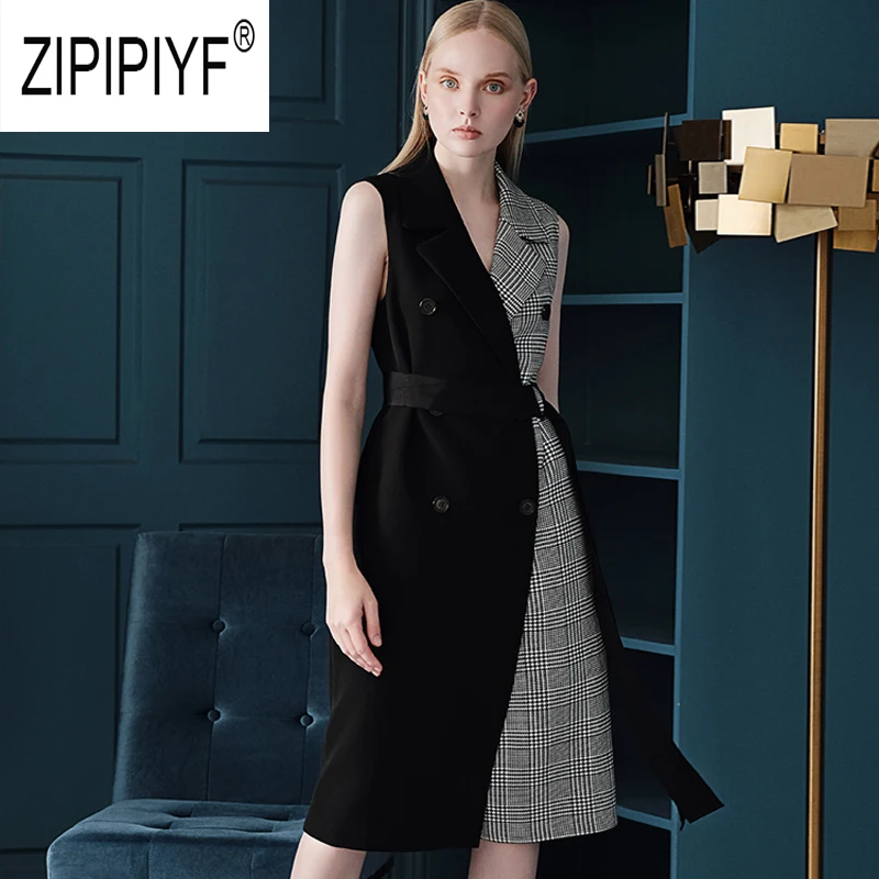 

Euro Style Fashion Women Dresses Turn Down Neck Double-breasted Sashes Plaid Pattern Knee Length Dresses Office Lady Dress Z2477