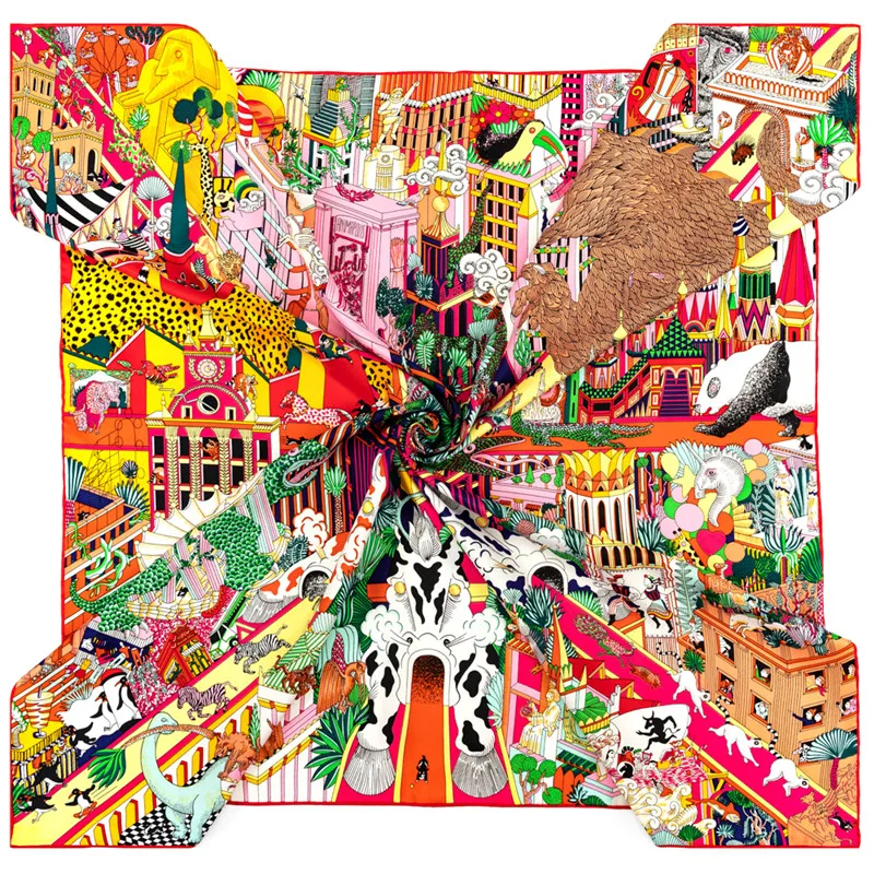 POBING Manual Hand Rolled Twill Silk Scarf Women Animals Kingdom Square Scarves Echarpes Foulards Femme Wrap Bandana Hijab 90CM 2