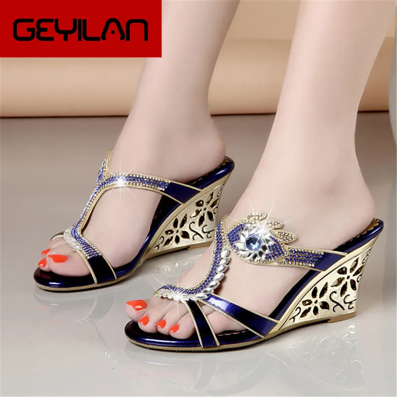 

Women Summer Open Toe Lady Wedges Heel Rhinestone Slippers Shoes Plus Size 34-40 Girl Opened Toe Sequin Slipper XMX-A0041