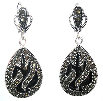 

Tibetan Silvers & Marcasite inlay black Natural jade Waterdrop Earrings