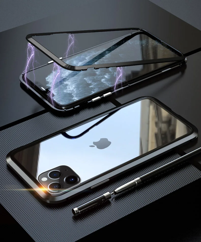 Чехол из закаленного стекла+ Защитная пленка для экрана для iPhone 11 Pro Max чехол s стеклянная пленка с магнитной защитой из алюминиевого сплава