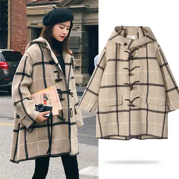 

2020 Plaid Buckle Coat Female Winter Fashion Retro Hooded Long Woolen Cloak Coat Women Warm Casual Wool Poncho Jacket f2196