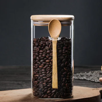 

Airtight Food Storage Jar Glass Coffee Bean Spice Sugar Flour Jars Containers with Lids and Wooden Spoon XHC88