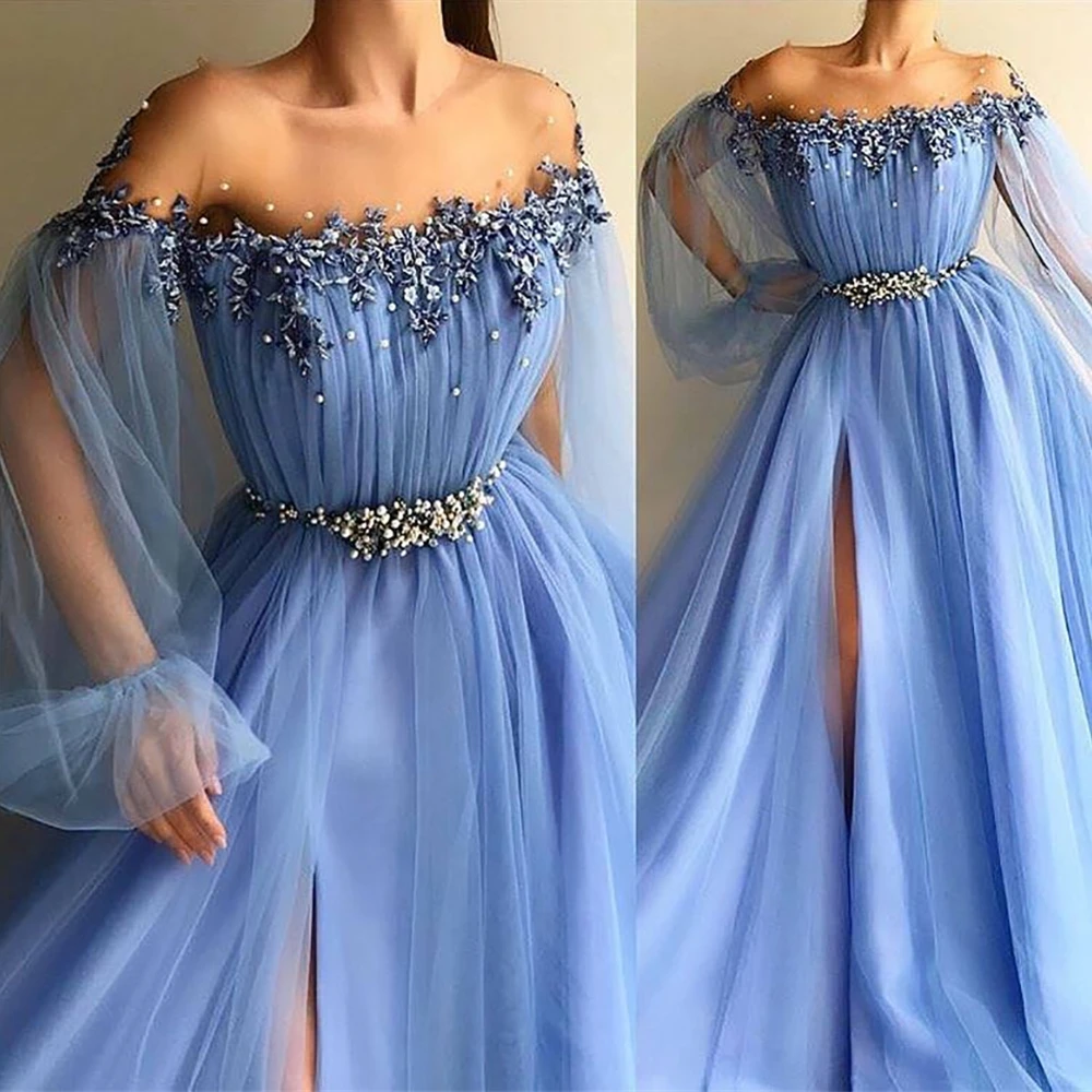 A Line Formal Dresses Zipper Prom Party Gown Illusion O-Neck Ball Long Sleeve Floor-Length Evening Dress Beaded Applique | Свадьбы и