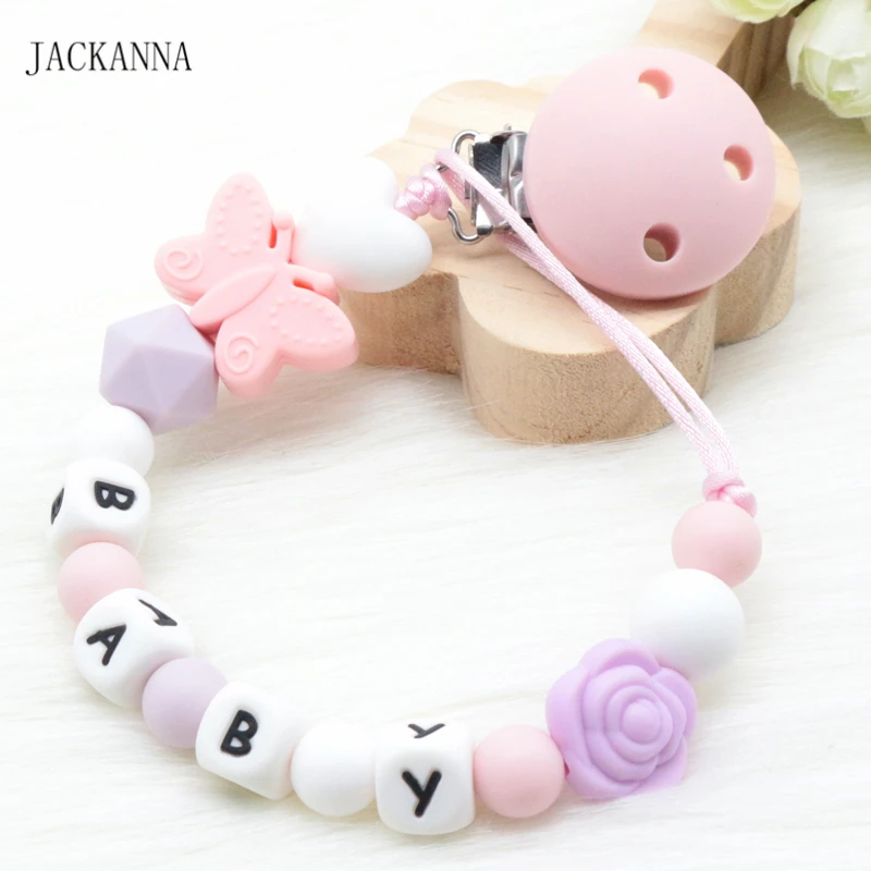 Custom Name Baby Dummy Clips Silicone Baby Pacifier Clips Holder Chain