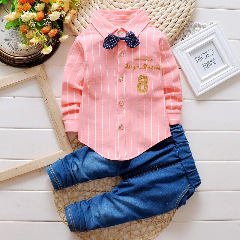 Kids Boys Clothes Baby Casual Bow Tie Shirt+Pants 2pcs Sets Summer Infant Denim Outfits Children Suits Toddler Clothing BC1219