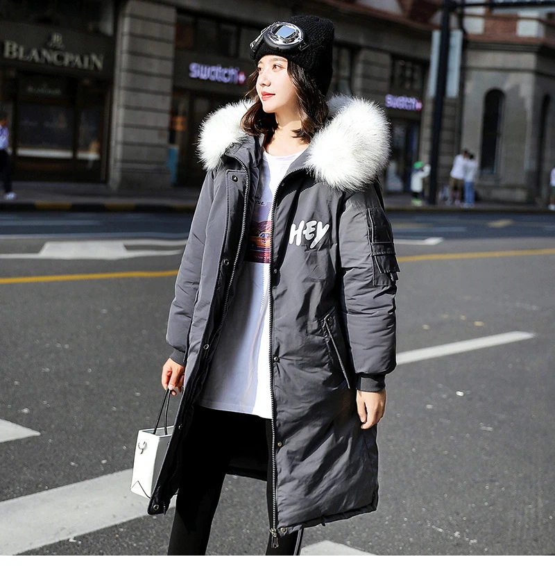 Модная дизайнерская женская зимняя куртка с буквенным принтом, хлопковая стеганая теплая плотная Женская длинная куртка с большим меховым воротником, женские куртки