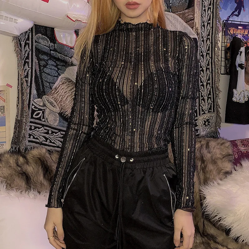 Женский облегающий боди Goth черный с длинным рукавом сетчатый о-образным вырезом
