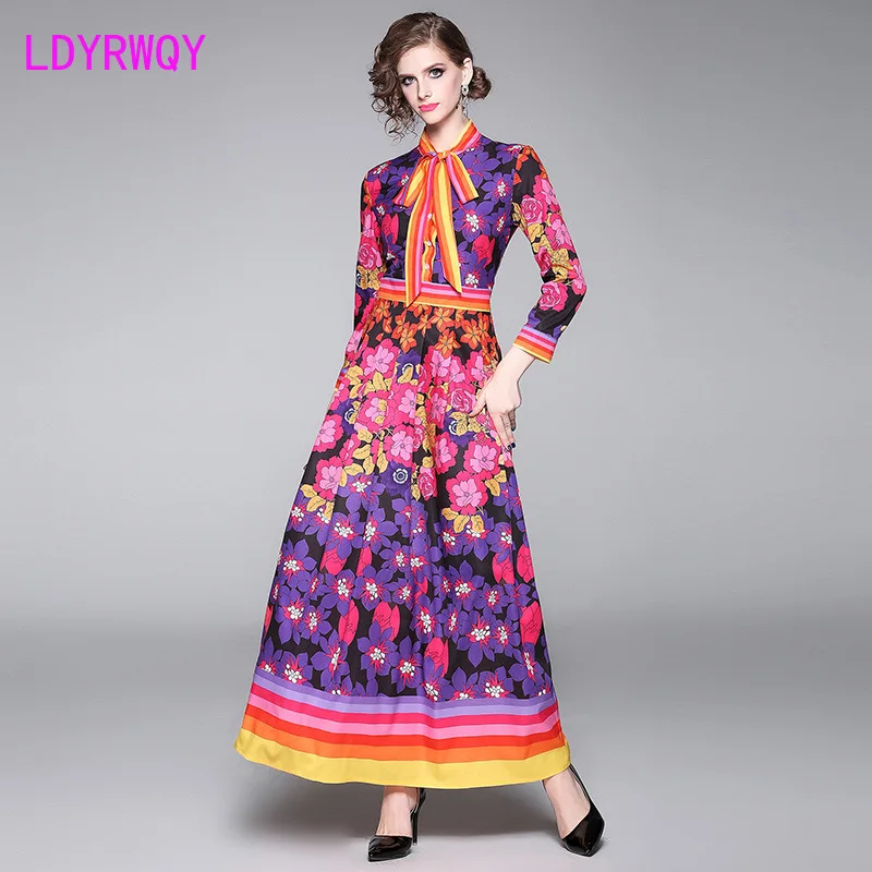 

2020 spring new European and American dresses long-sleeved printed pleated Print Sheath Office Lady Polyester