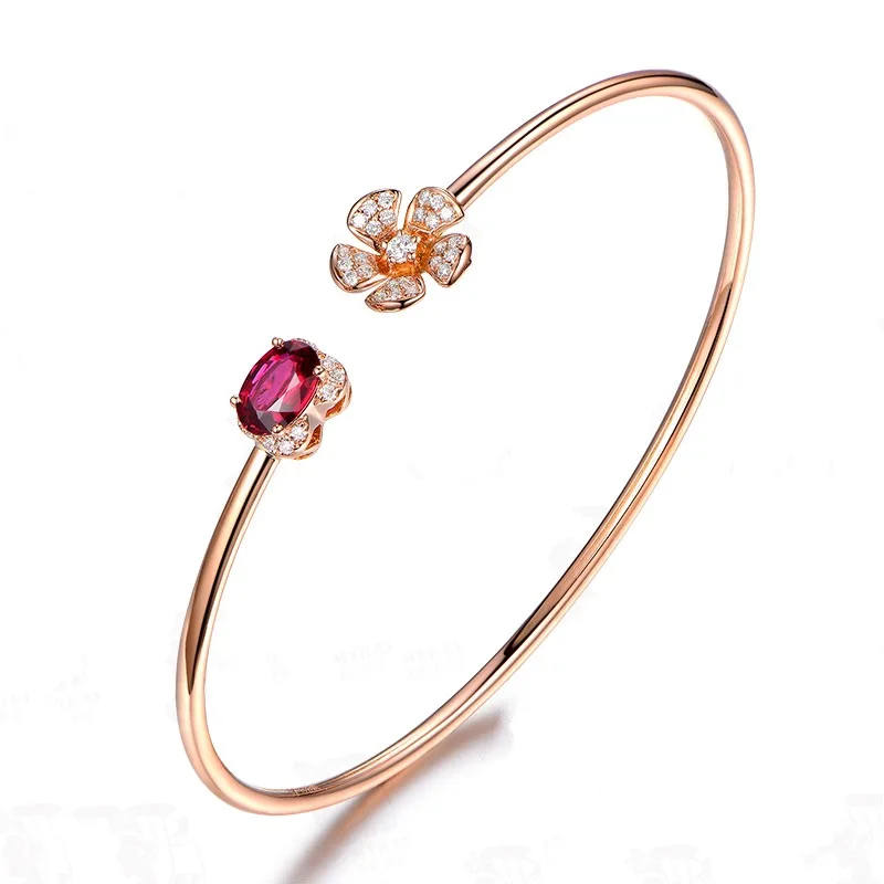 

2019 New Trendy Women Oval Red Crystal Cubic Zirconia Flower Rose Gold Bangles Thin Casual Elegant Wristband for Female