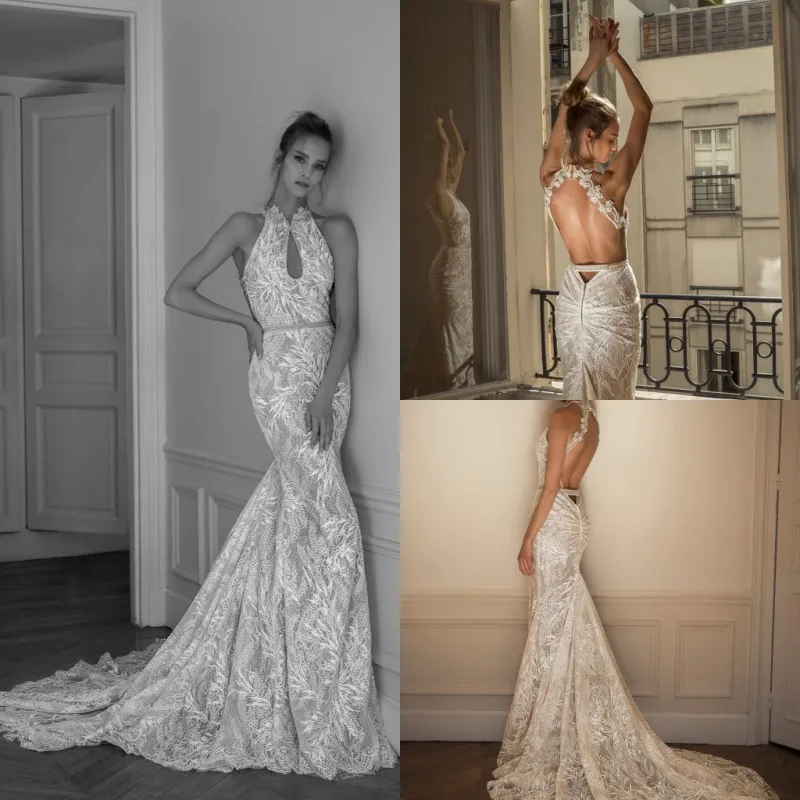 Сексуальные свадебные платья русалки vestidos de novia Высокий воротник кружева аппликации с открытой спиной Пляж Свадебный платья платье
