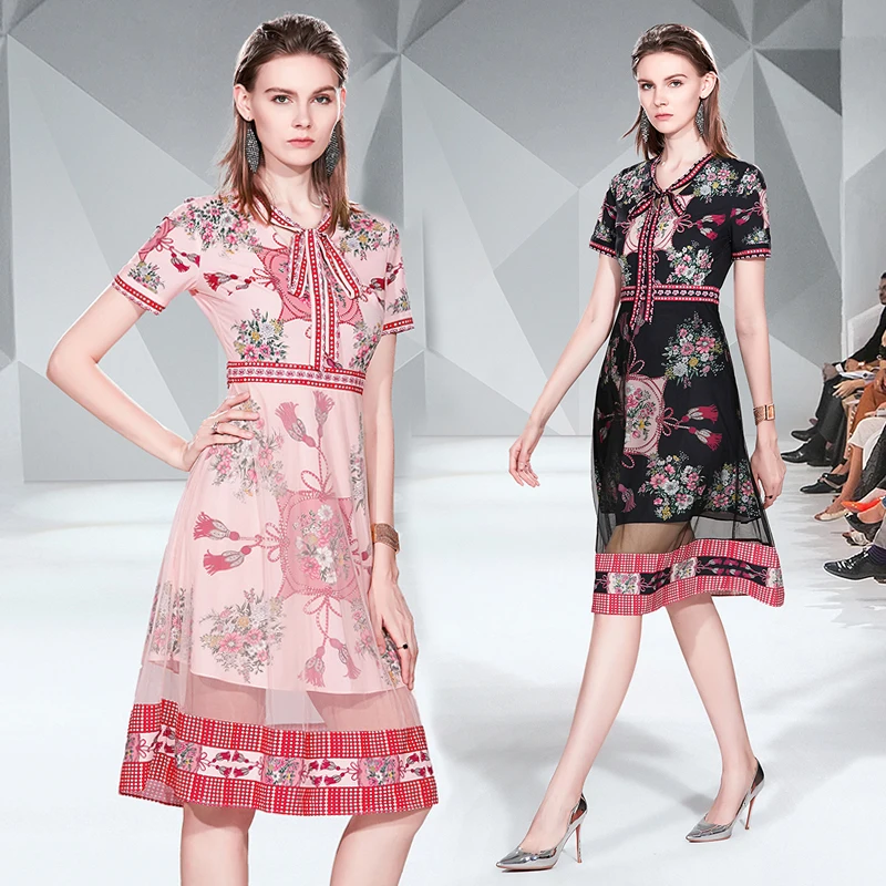 

2019 Fashion Runway Summer Dress Women Bow Tie Collar Short Sleeve Mesh Patchwork Floral Printed Dress Office Knee Length Dress