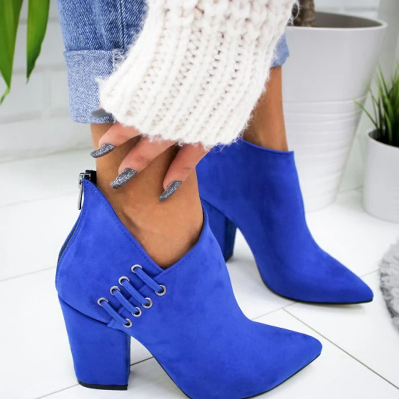 PUIMENTIUA/Модная простая женская обувь пикантные ботильоны короткие ботинки модная женская обувь с острым носком на высоком каблуке в европейском стиле; большие размеры - Цвет: blue