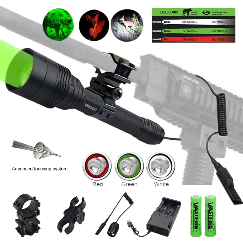 XRE Red Green White Predator Flashlight LED Tactical Zoomable Focus Adjustable Torch for Hunting Camoing Fishing Coyote Varmint
